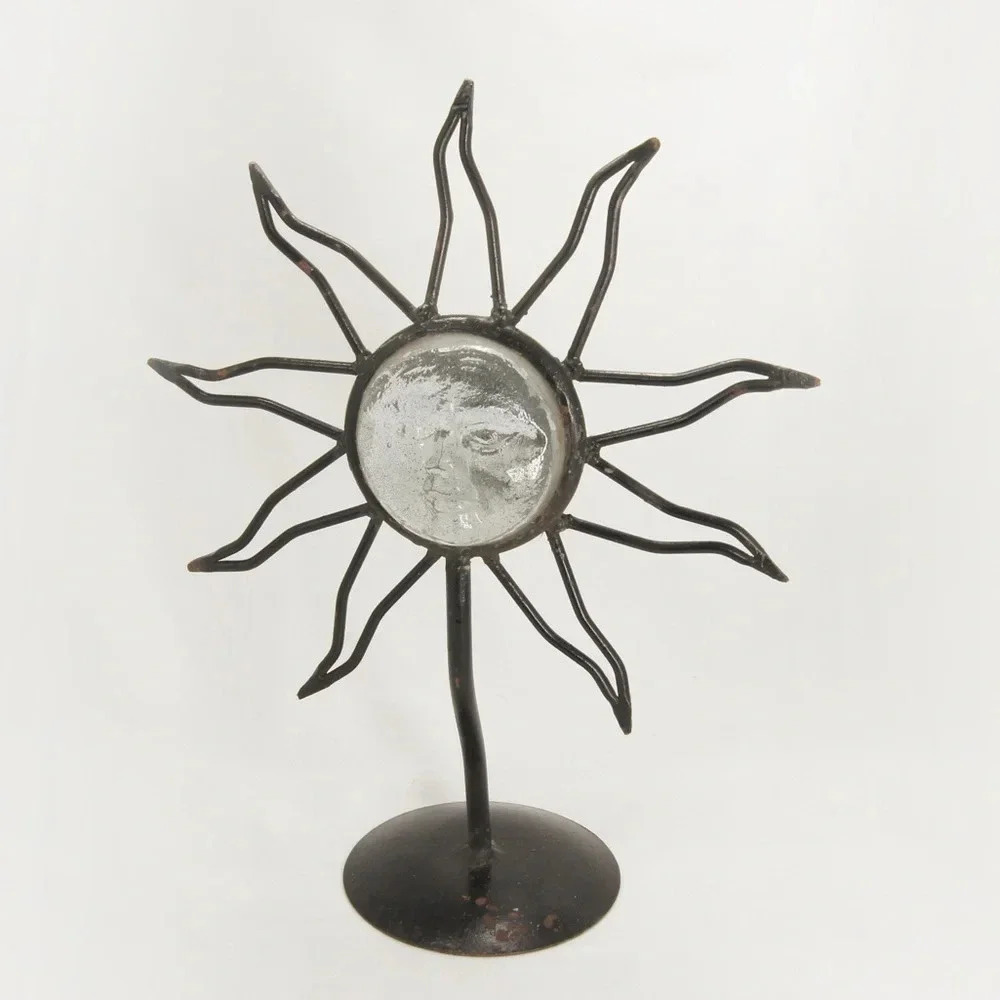 Vintage 90s Whimsigoth Rustic Glass Moon Sun Black Iron Metal Candle  Holder